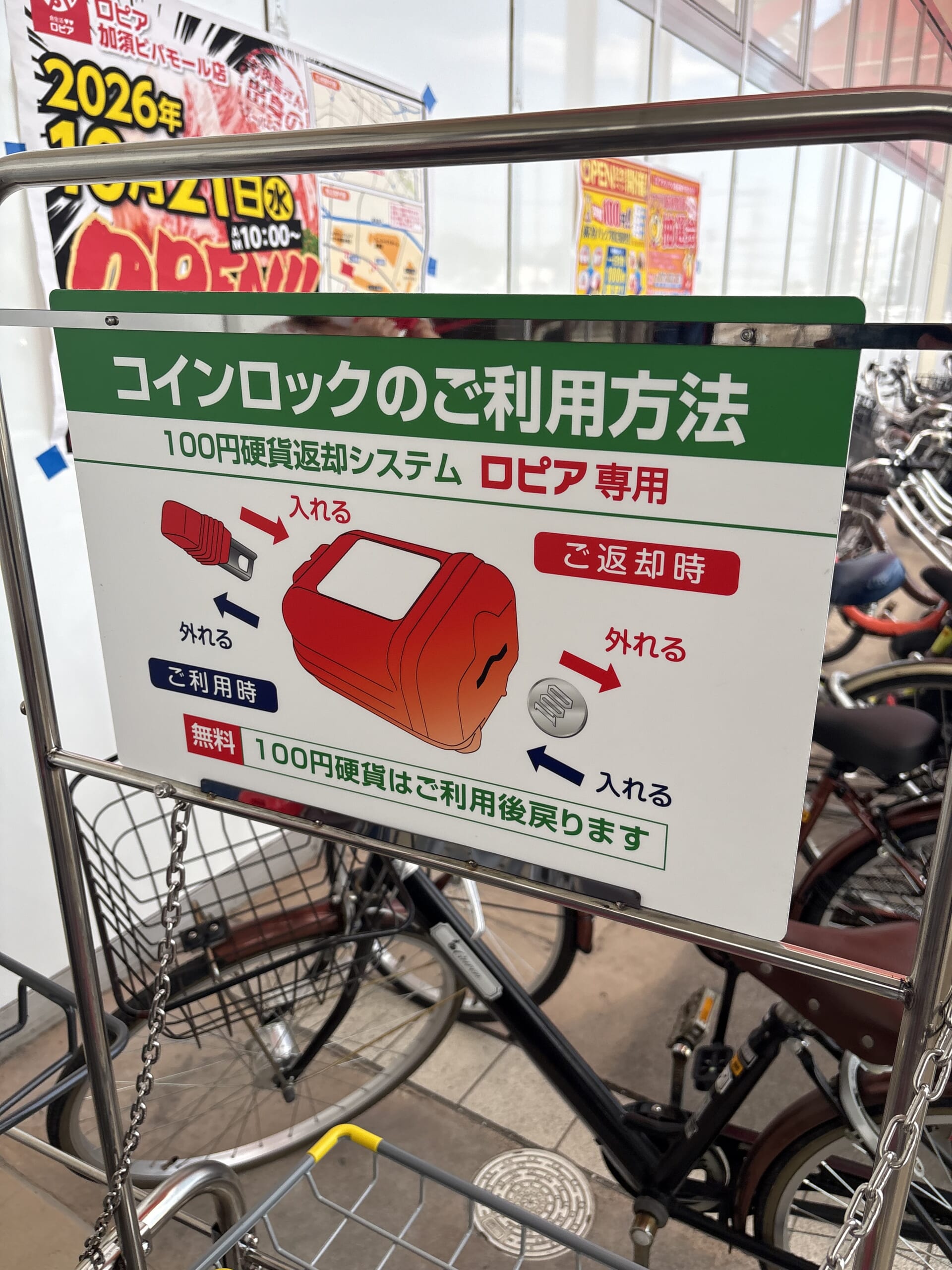 コインロック式カートの利用方法看板